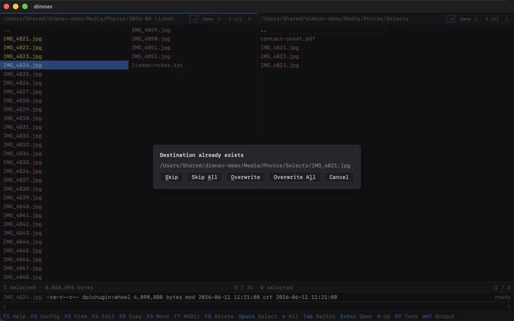 A copy in progress with a file collision dialog offering Skip, Overwrite and Skip All