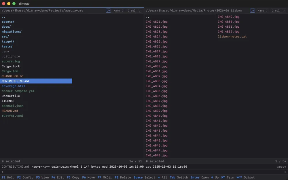 Two panels side by side listing a project directory, entries coloured by file type