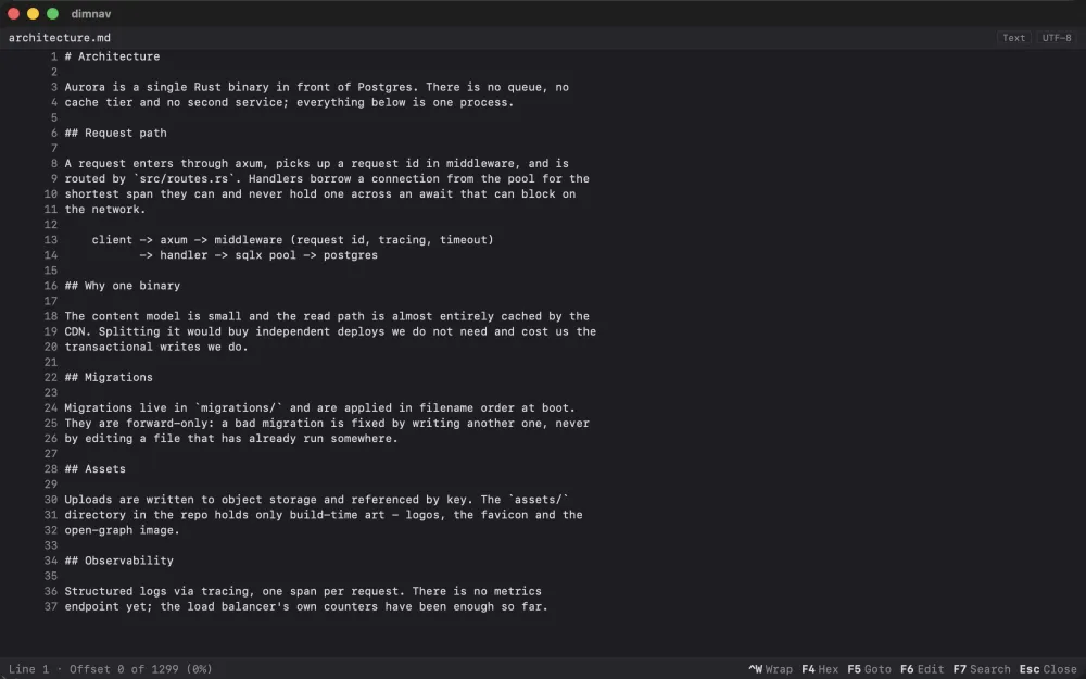 The built-in file viewer showing a Markdown document with line numbers
